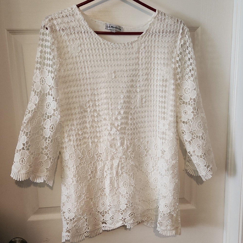 La Moda White Floral Lace Blouse Sz MED